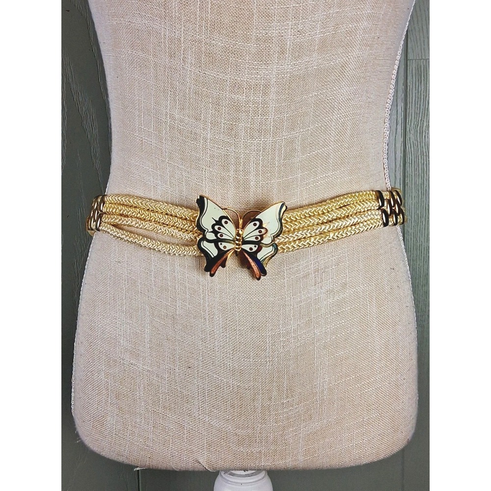 Vintage 80s Stretch Rope Belt Enamel Butterfly Buckle 28" Long Cream Braided